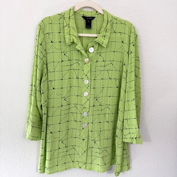 Ali Miles Womens Button Shirt Top Size 1X Artsy Office Geometric Flowy Green - Picture 1 of 7
